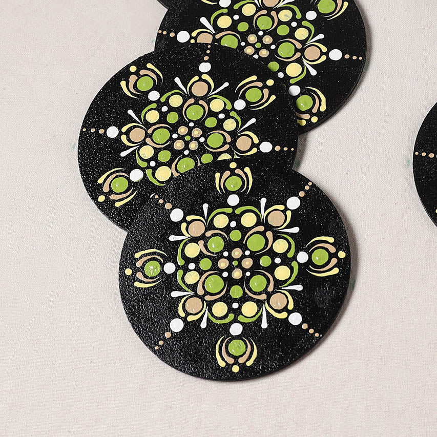 Black - Mandala Art Handpainted Wooden Coasters (Set of 6) 08
