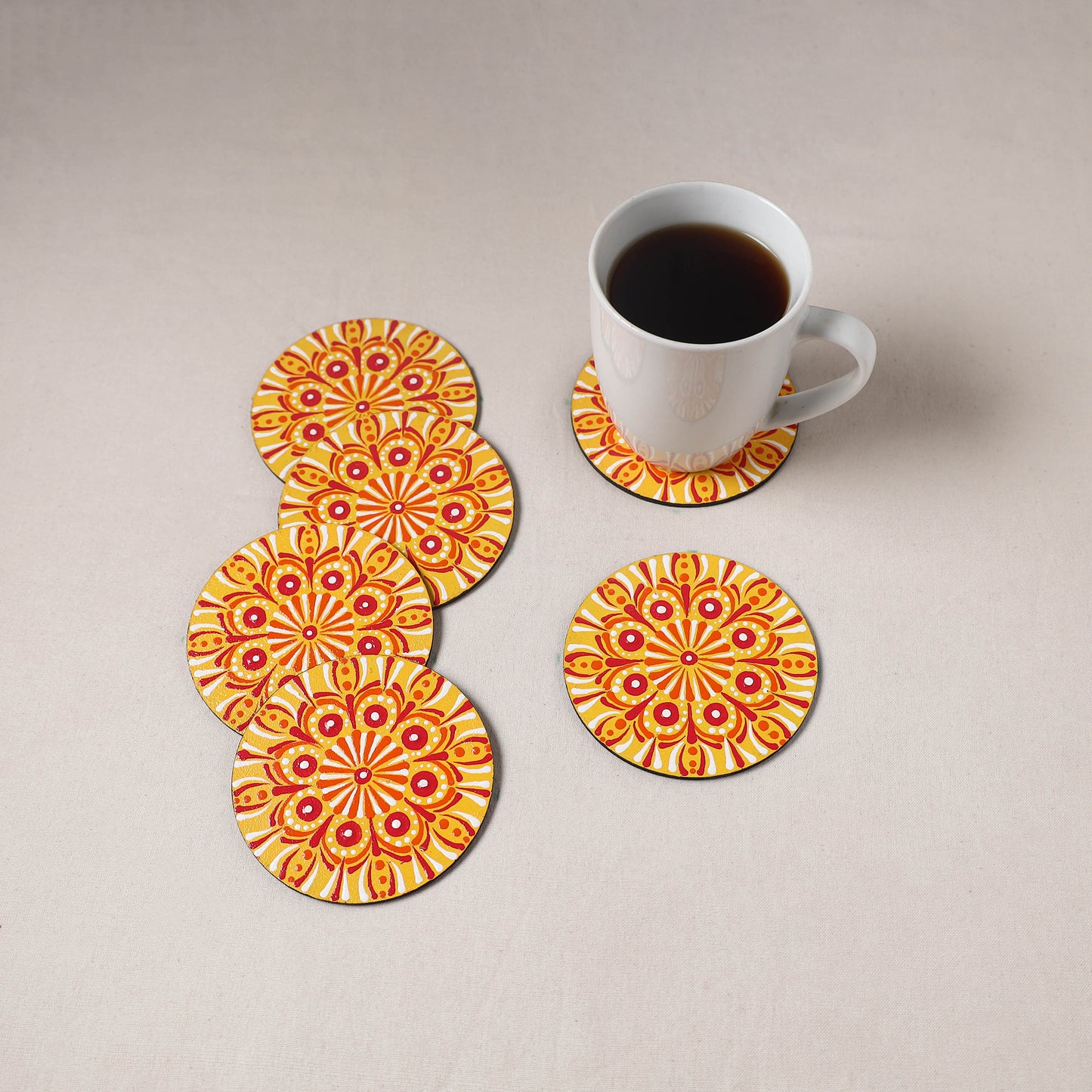Yellow - Mandala Art Handpainted Wooden Coasters (Set of 6) 13