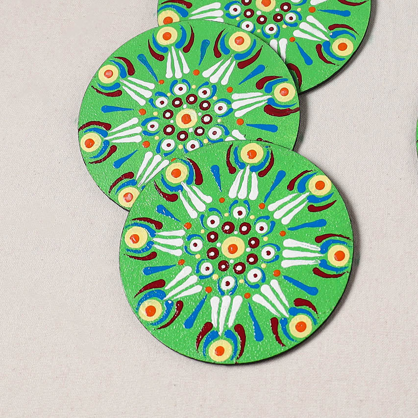 Green - Mandala Art Handpainted Wooden Coasters (Set of 6) 19