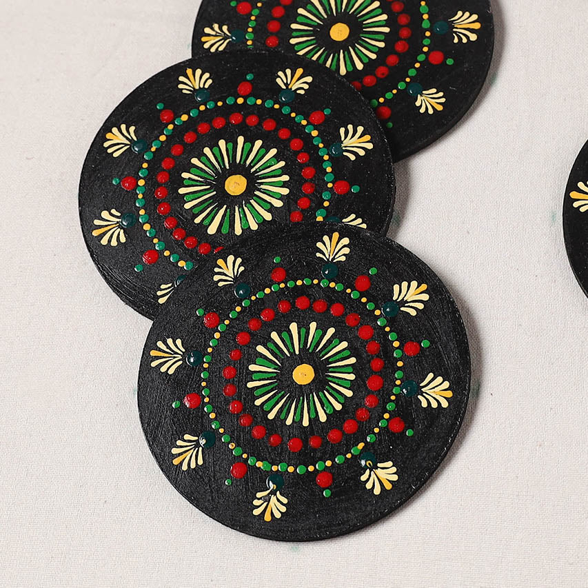 Red - Handpainted Mandala Art Wooden Coasters (Set of 6) 01
