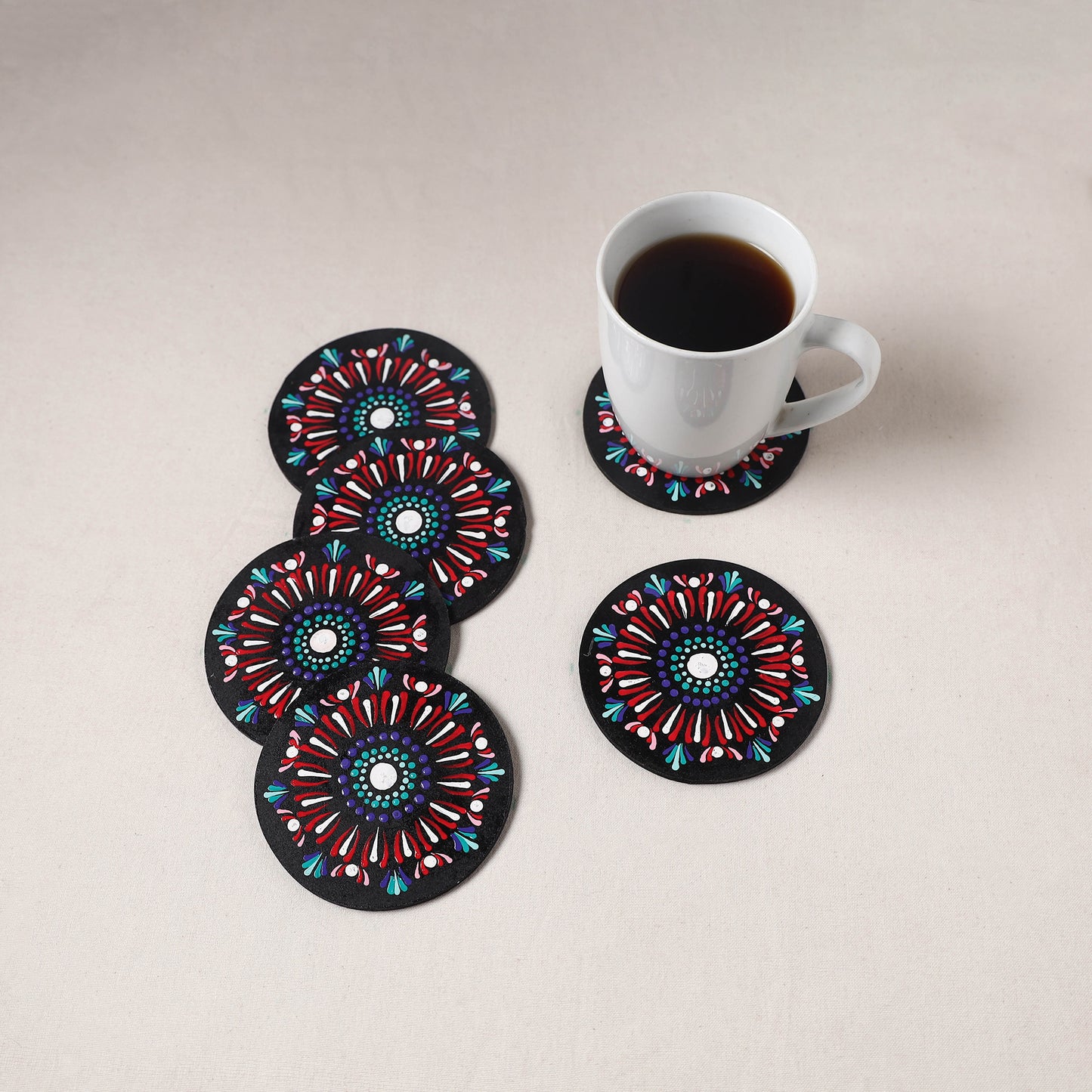 Multicolor - Handpainted Mandala Art Wooden Coasters (Set of 6) 05