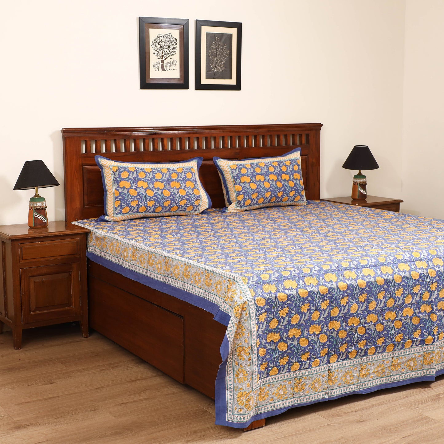 Sanganeri Hand Block Print Cotton Double Bedsheet Set (108 x 90 in) 11