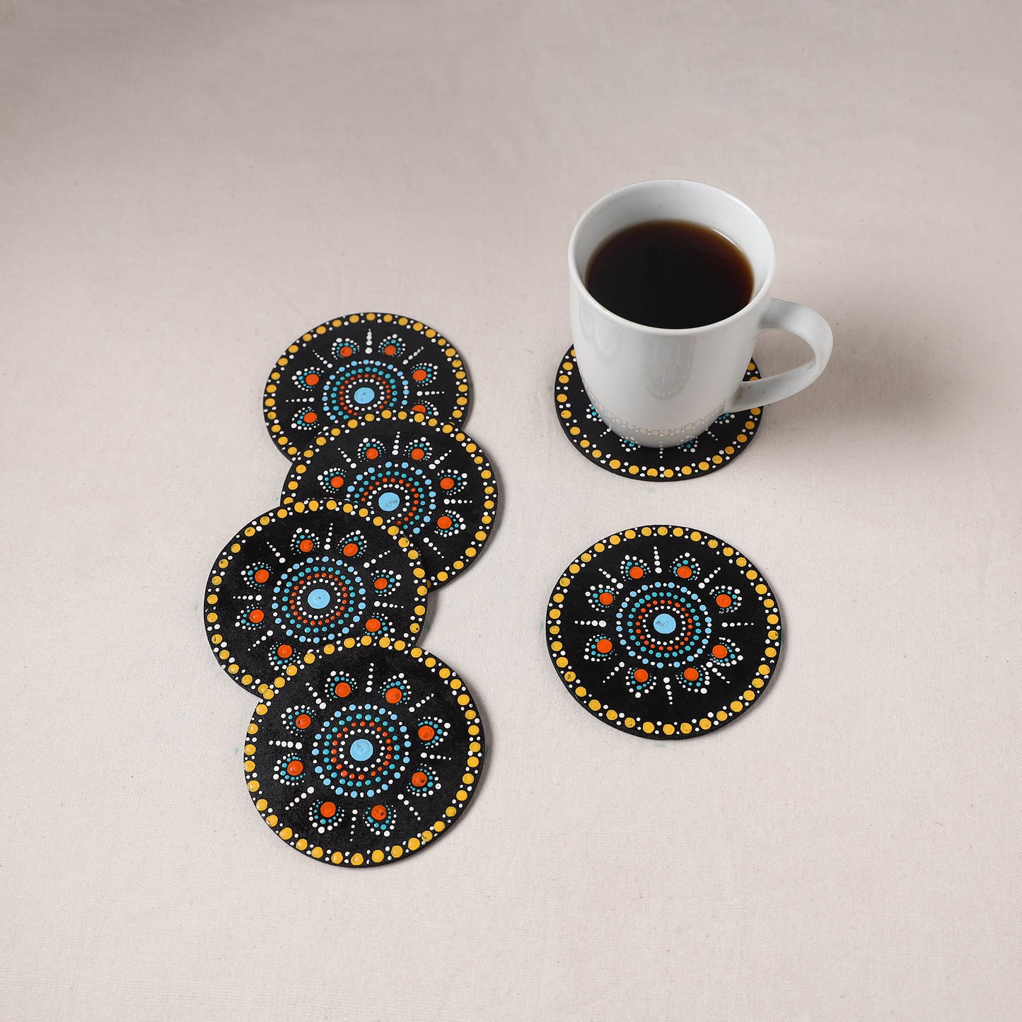 Multicolor - Handpainted Mandala Art Wooden Coasters (Set of 6) 15