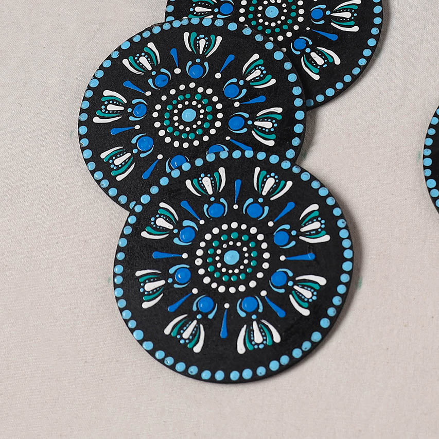 Blue - Handpainted Mandala Art Wooden Coasters (Set of 6) 17