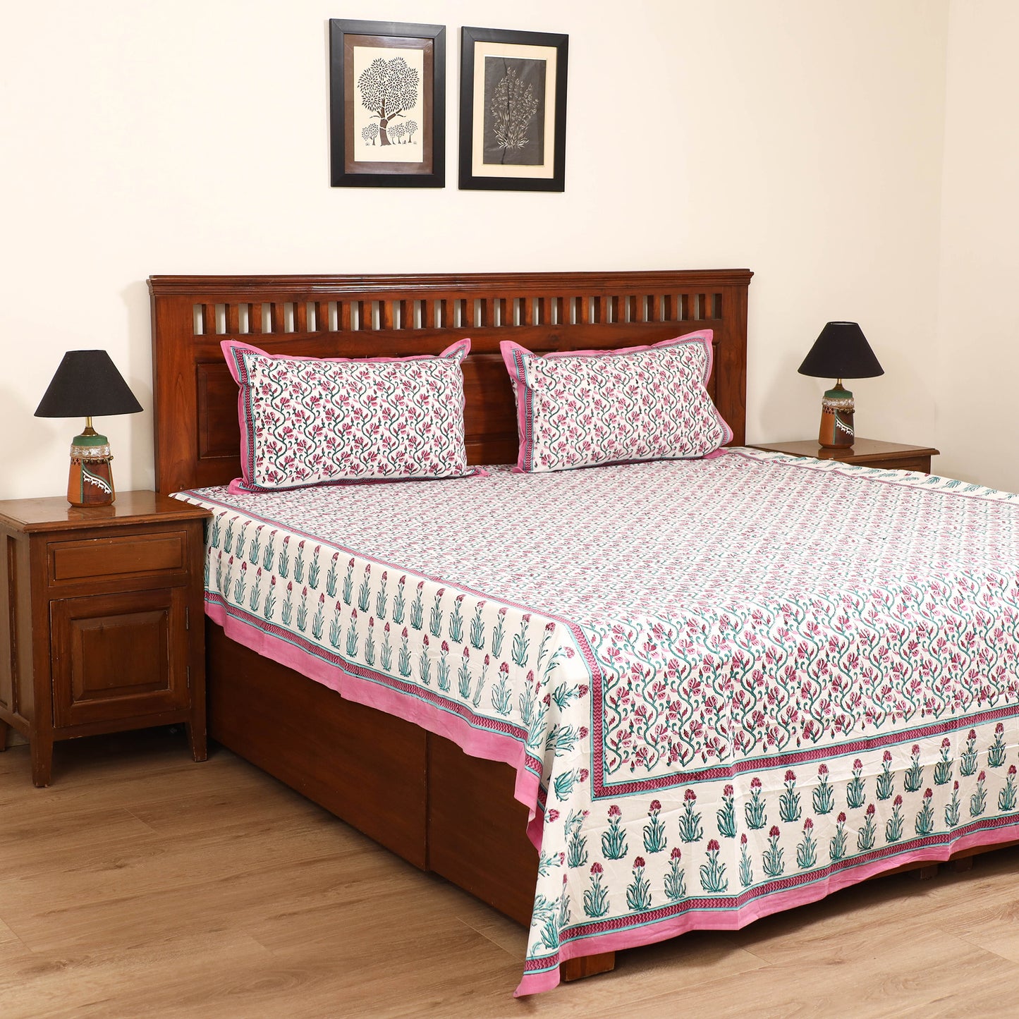 Sanganeri Hand Block Print Cotton Double Bedsheet Set (108 x 90 in) 16