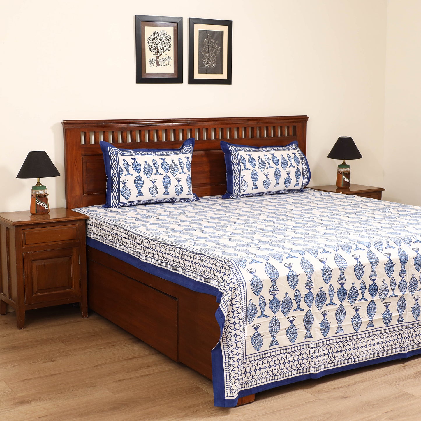 Sanganeri Hand Block Print Cotton Double Bedsheet Set (108 x 90 in) 17