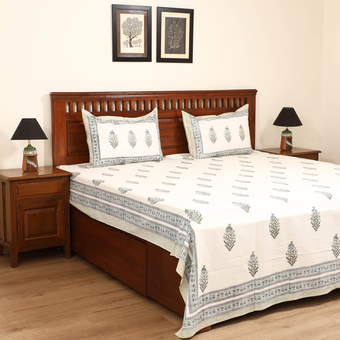 Sanganeri Hand Block Print Cotton Double Bedsheet Set (108 x 90 in) 20