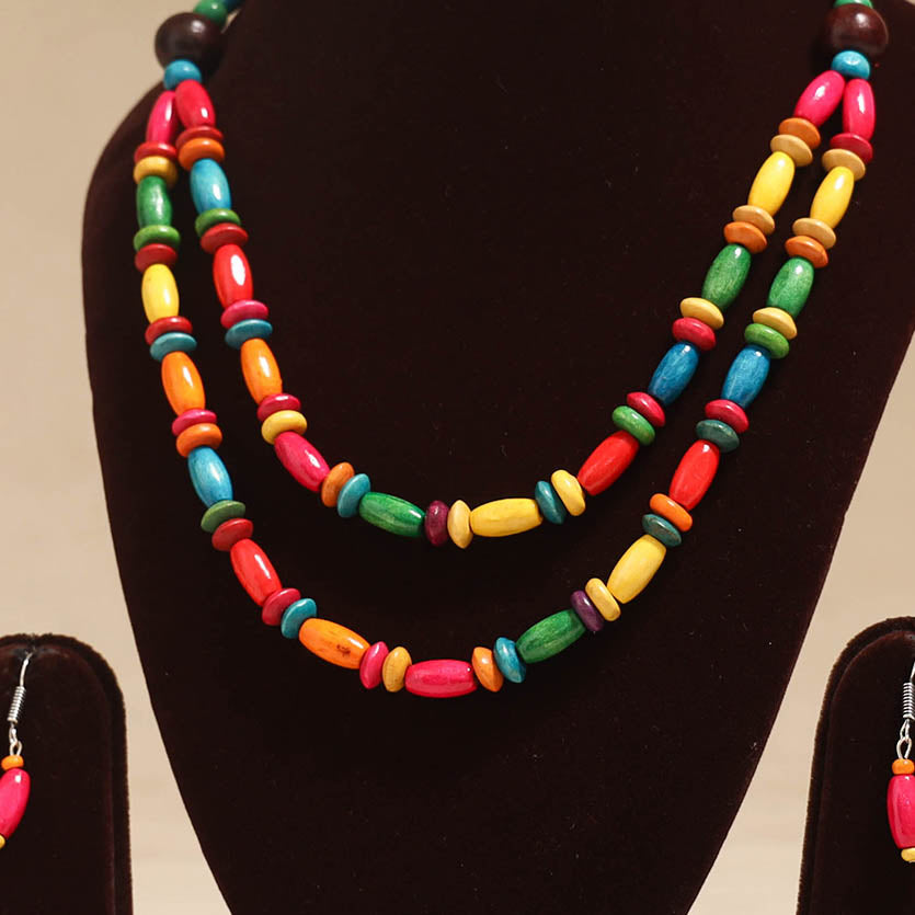 Multicolor - Handmade Wooden Beads Double Layered Necklace Set 17