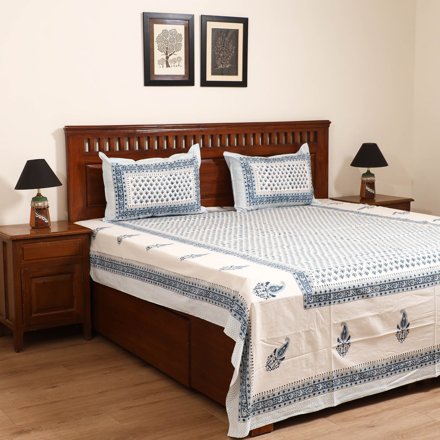 Sanganeri Hand Block Print Cotton Double Bedsheet Set (108 x 90 in) 37