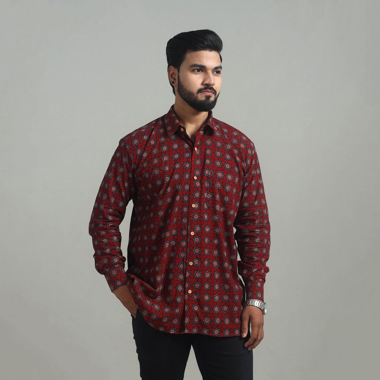 Buy Maroon Natural Dyed Cotton Men Ajrakh Print Shirt