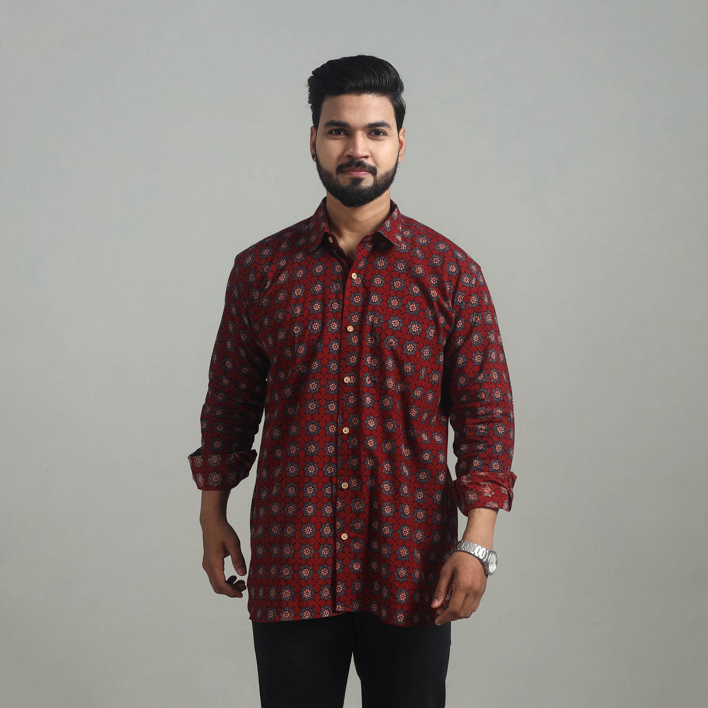 Buy Maroon Natural Dyed Cotton Men Ajrakh Print Shirt