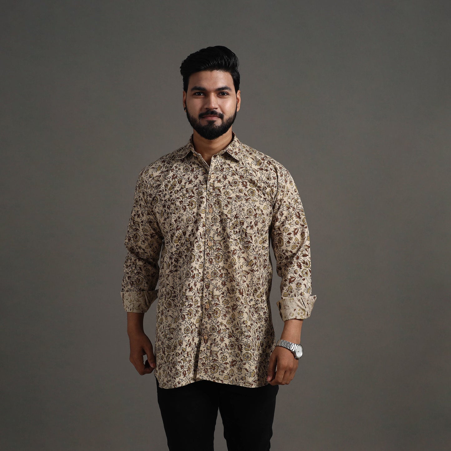 Buy Beige Pedana Block Print Cotton Men Kalamkari Shirt