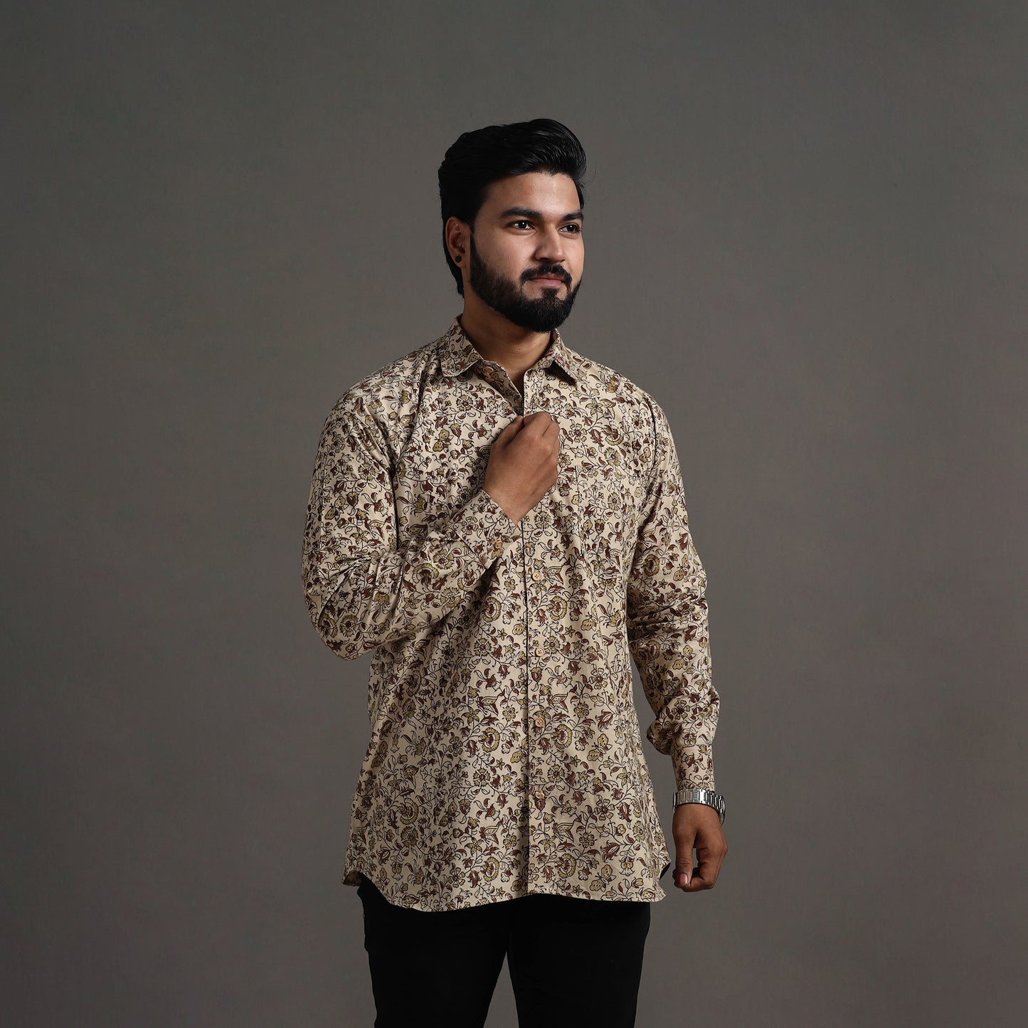 Buy Beige Pedana Block Print Cotton Men Kalamkari Shirt