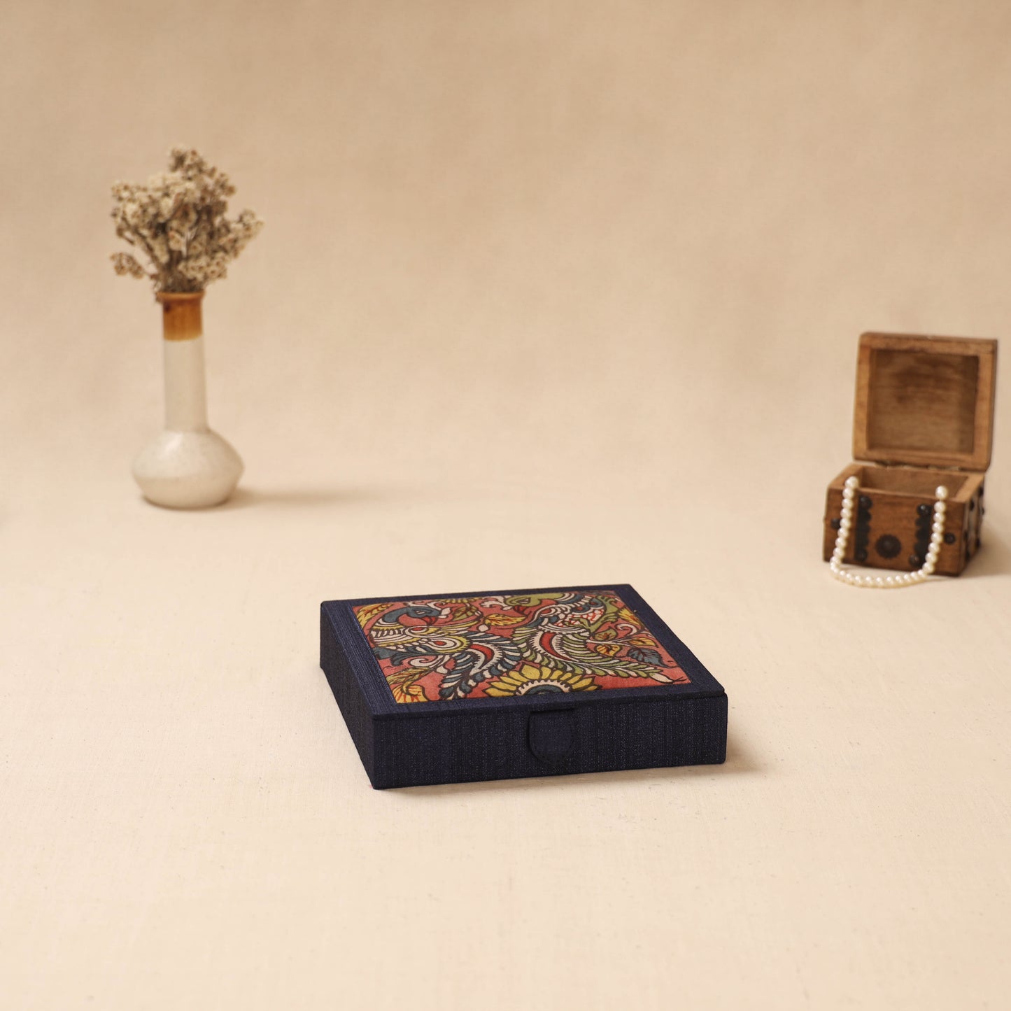 Blue - Handpainted Kalamkari Natural Dyed Ghicha Silk Jewellery Box 02