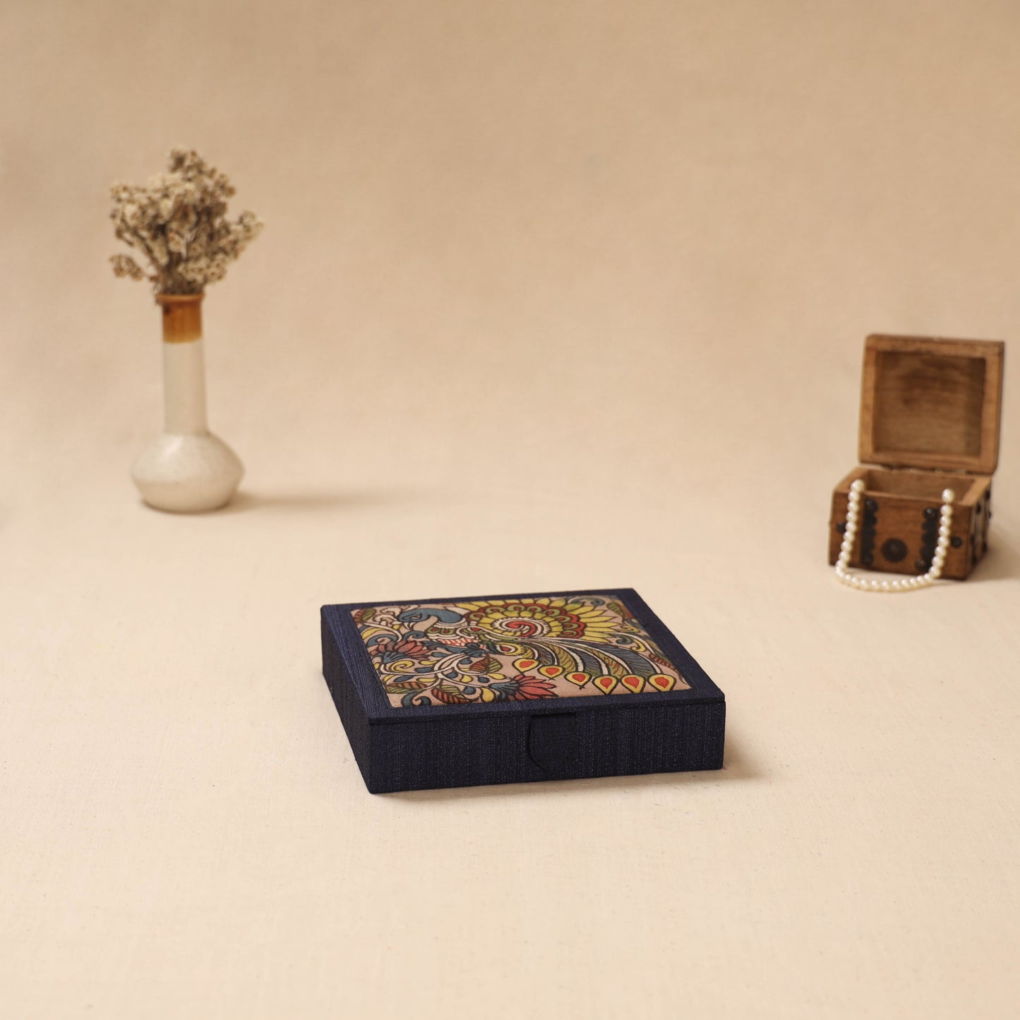 Blue - Handpainted Kalamkari Natural Dyed Ghicha Silk Jewellery Box 03