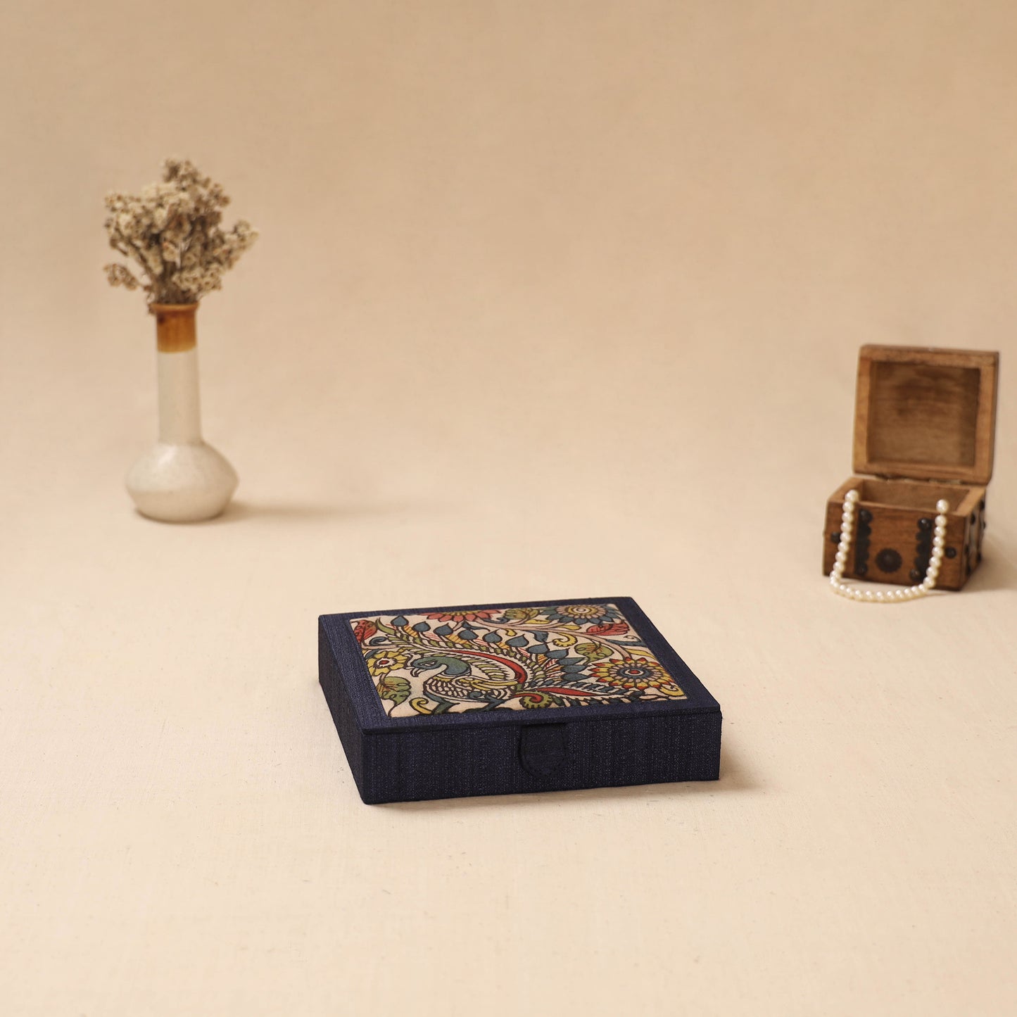 Blue - Handpainted Kalamkari Natural Dyed Ghicha Silk Jewellery Box 04