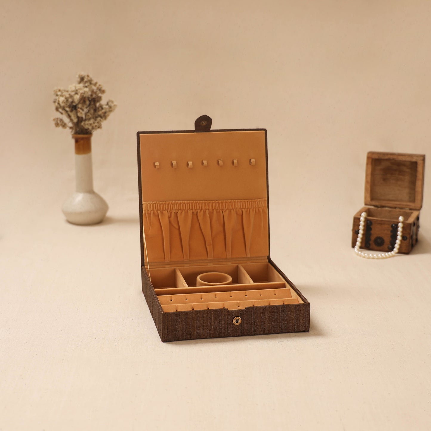 Brown - Handpainted Kalamkari Natural Dyed Ghicha Silk Jewellery Box 09