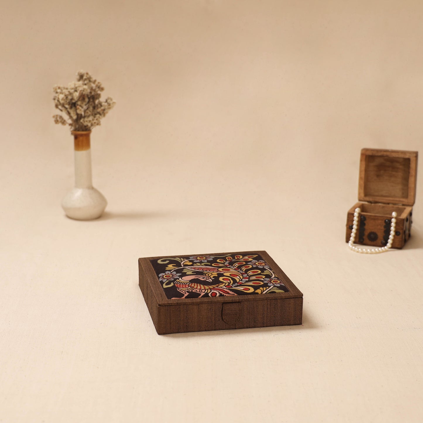 Brown - Handpainted Kalamkari Natural Dyed Ghicha Silk Jewellery Box 10