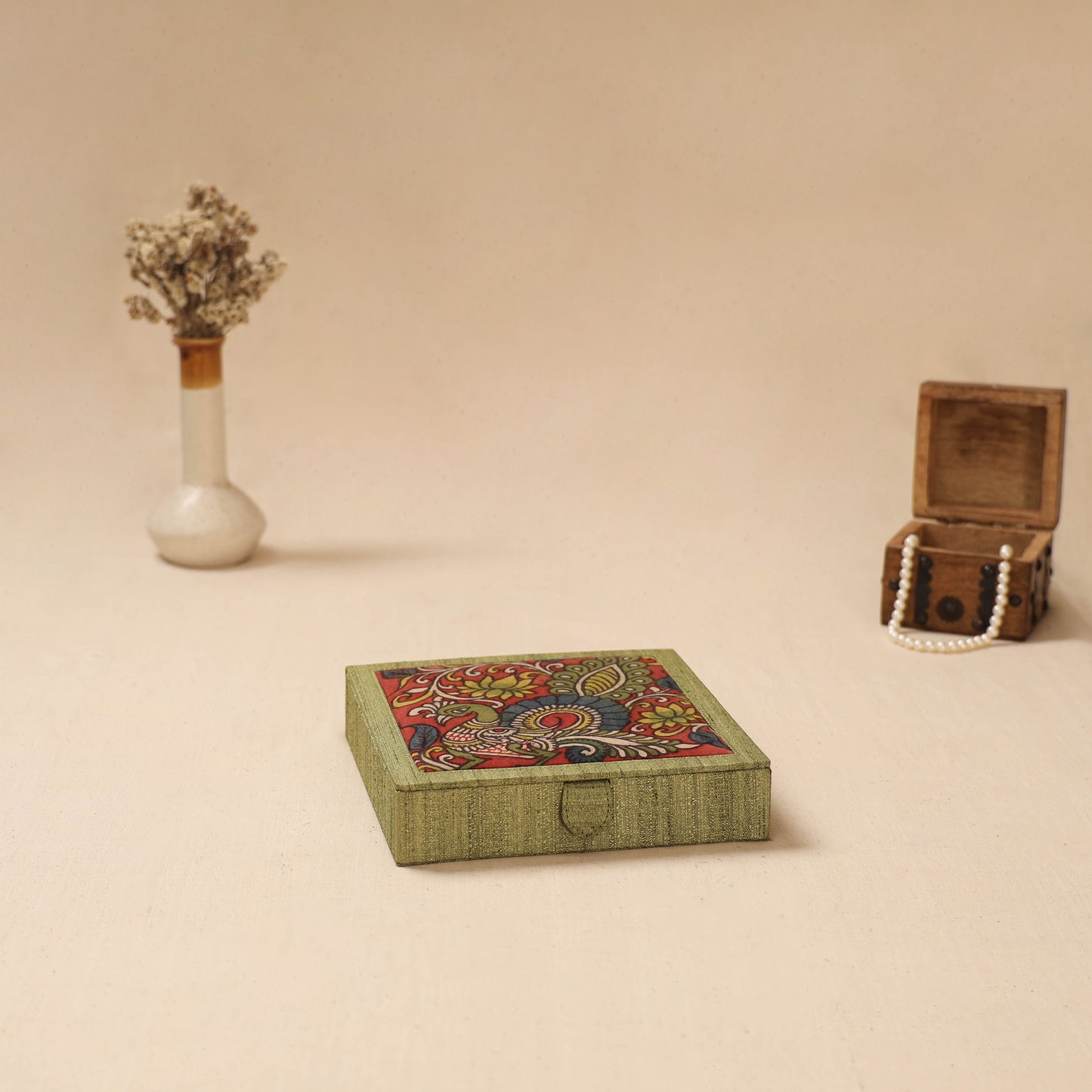 Green - Handpainted Kalamkari Natural Dyed Ghicha Silk Jewellery Box 11