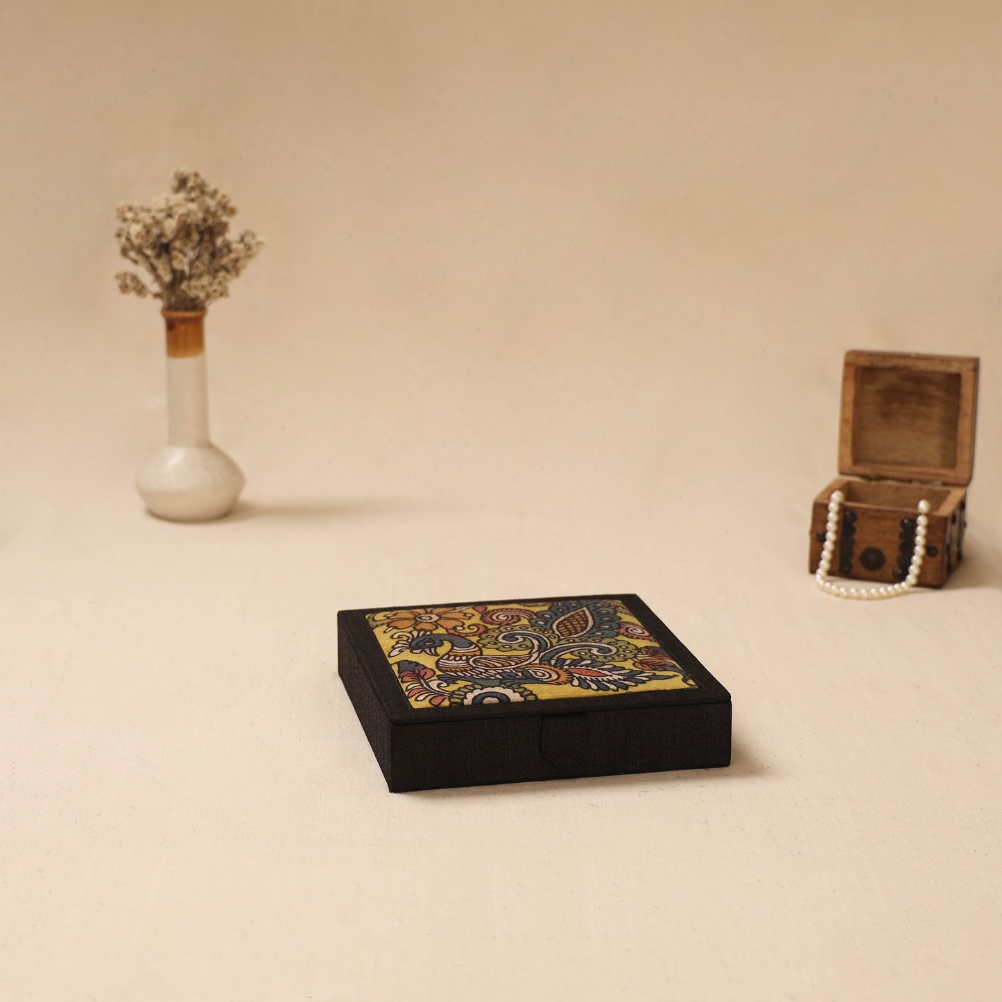 Black - Handpainted Kalamkari Natural Dyed Ghicha Silk Jewellery Box 14