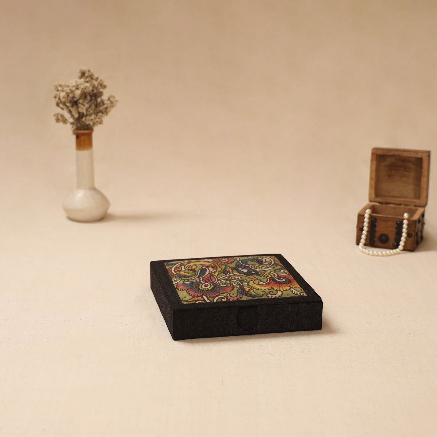 Black - Handpainted Kalamkari Natural Dyed Ghicha Silk Jewellery Box 15