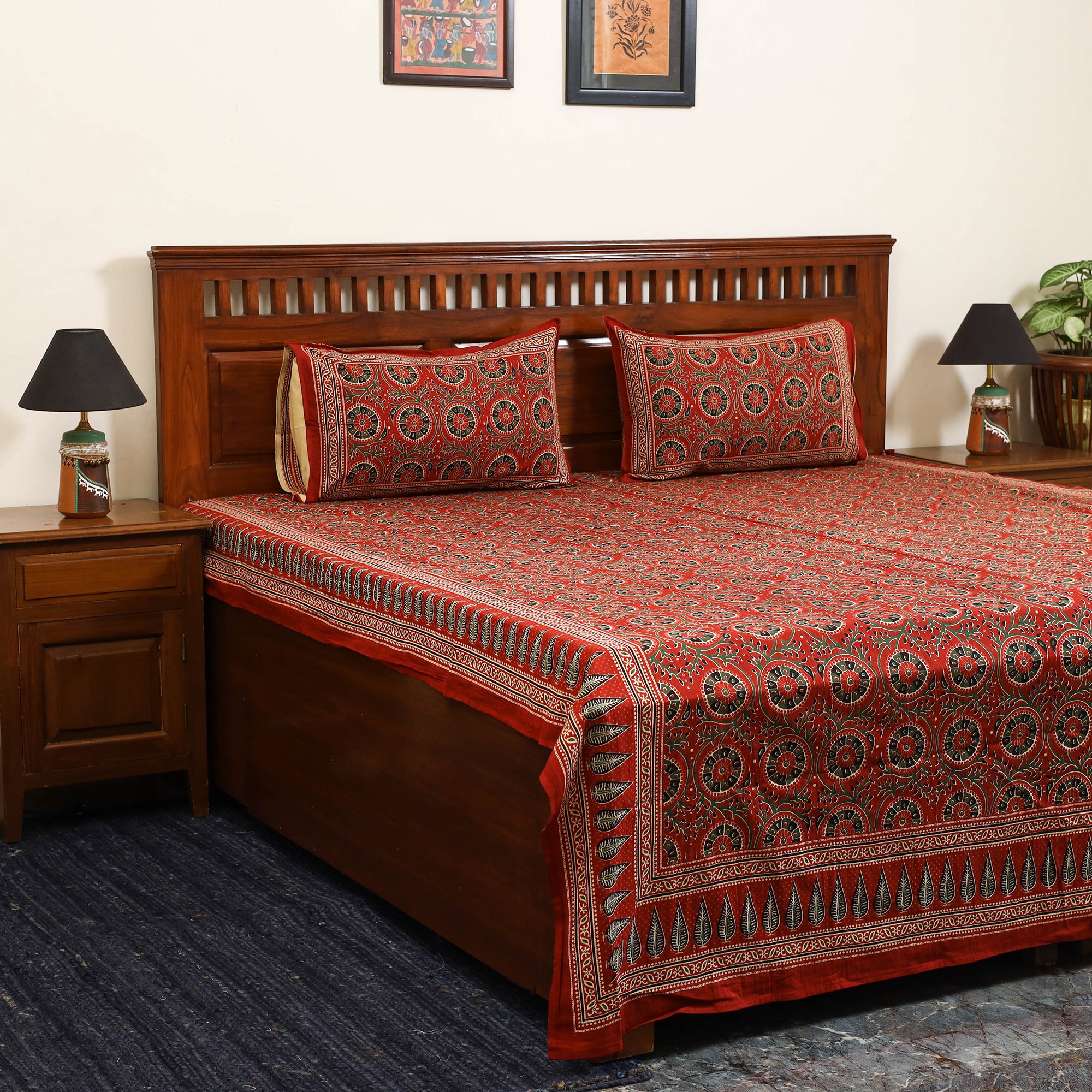 Beige - Block Print Cotton Double Sanganeri Bedsheet Set (108 x 90 in) 05