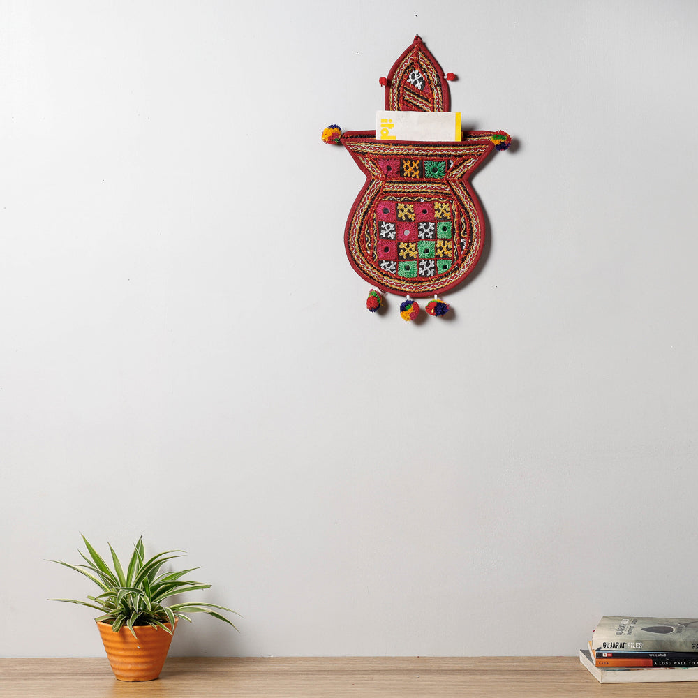 Mirror Work Kutch Hand Embroidered Kalash Wall Hanging Letter Holder