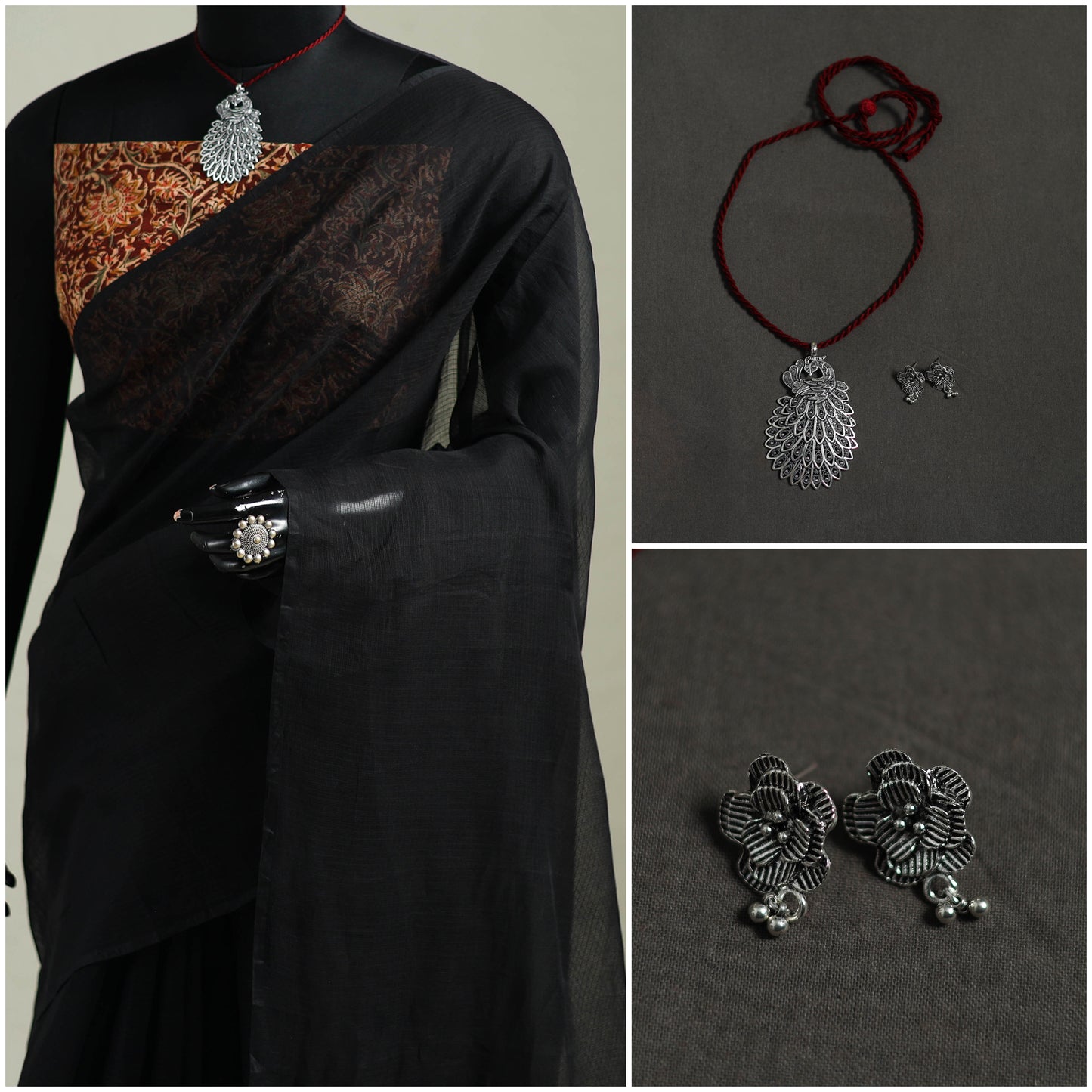 Black - Nazaakat Kota Doria Cotton Plain Saree with Blouse & Jewellery Set 10