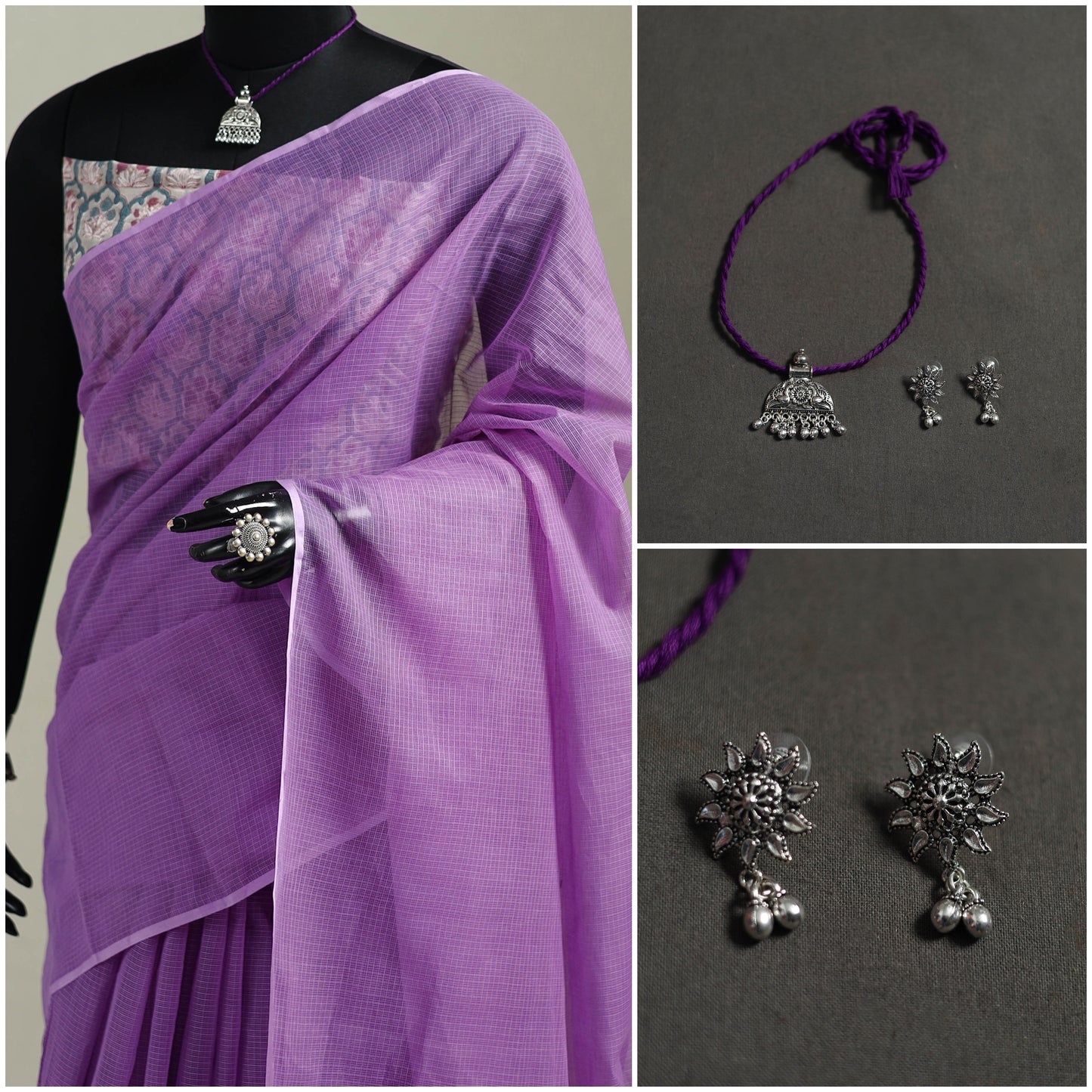 Purple - Nazaakat Kota Doria Cotton Plain Saree with Blouse & Jewellery Set 144