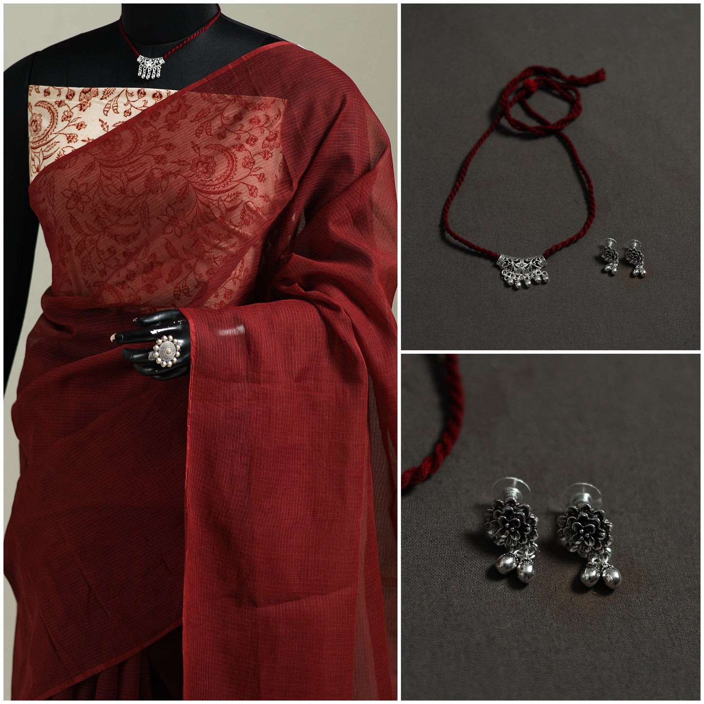 Red - Nazaakat Kota Doria Cotton Plain Saree with Blouse & Jewellery Set 172