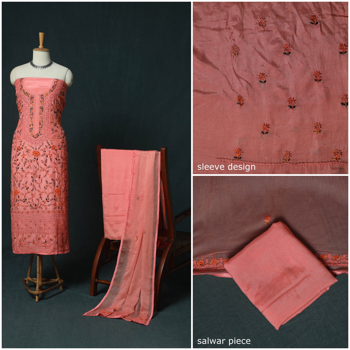Pink - Hand Embroidered Muslin 3pc Unstitched Dress Material 06