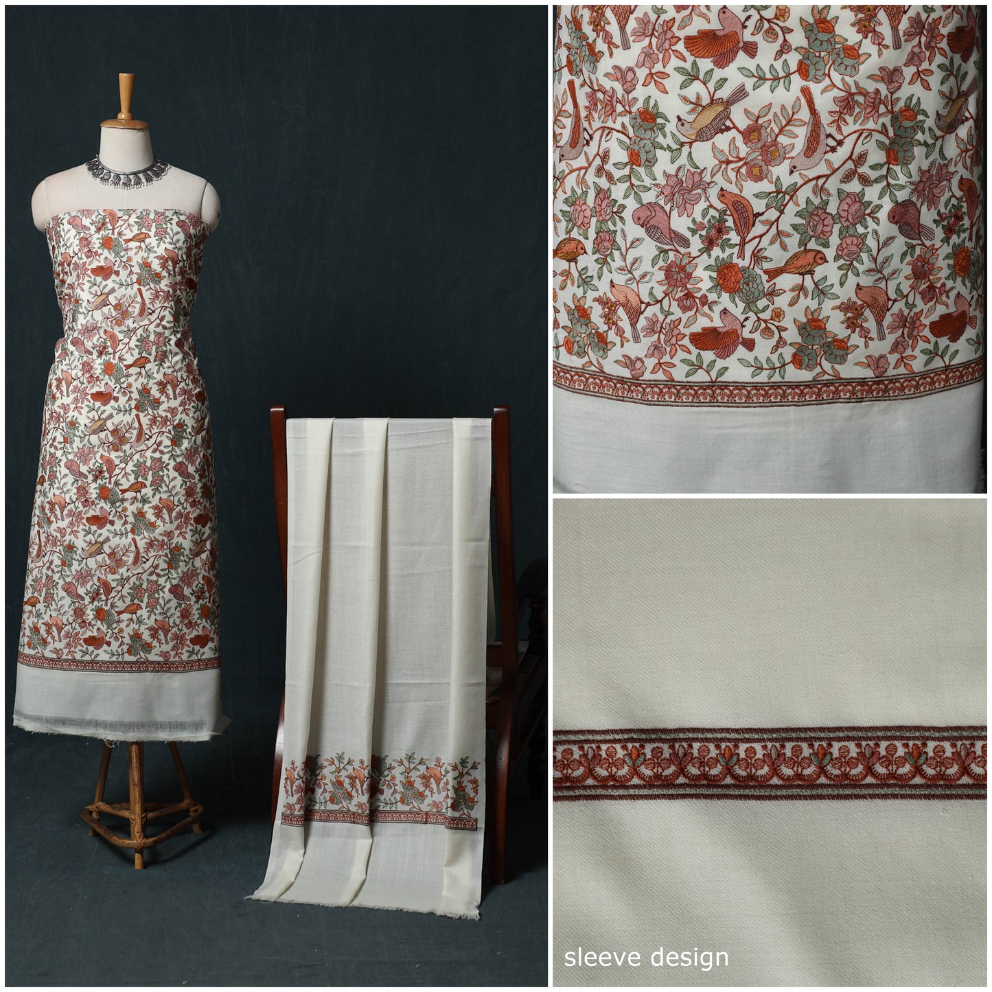 3pc Heavy Embroidered Wool Unstitched Dress Material Suit Set 51