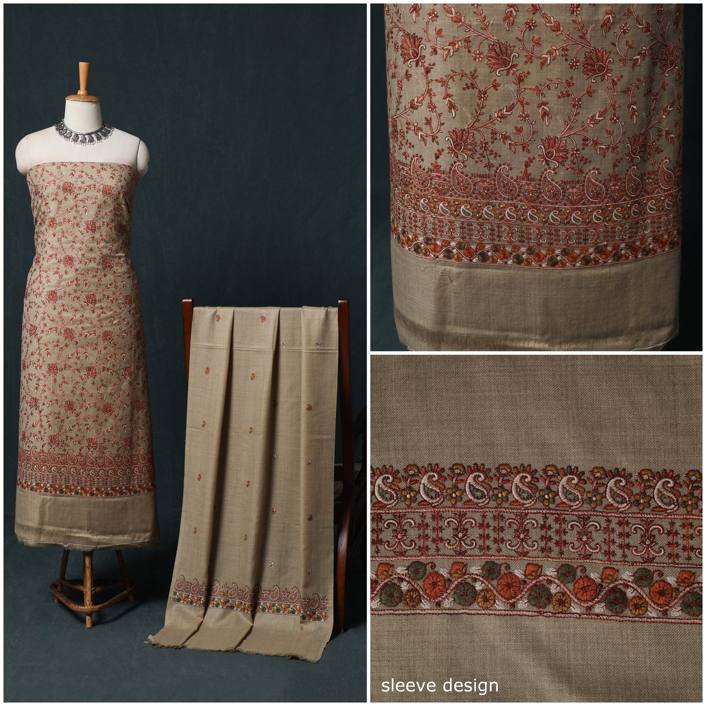 3pc Heavy Embroidered Wool Unstitched Dress Material Suit Set 12