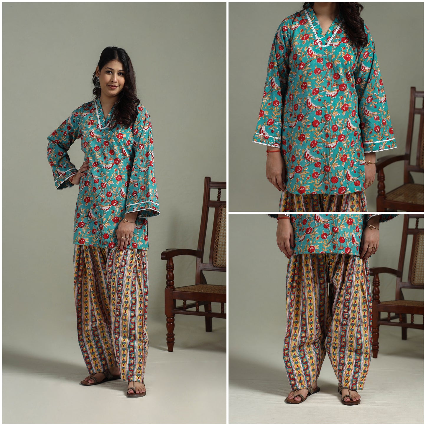 Sanganeri Hand Block Print Cotton Lace Work Short Kurta with Farshi Salwar Set for women 03