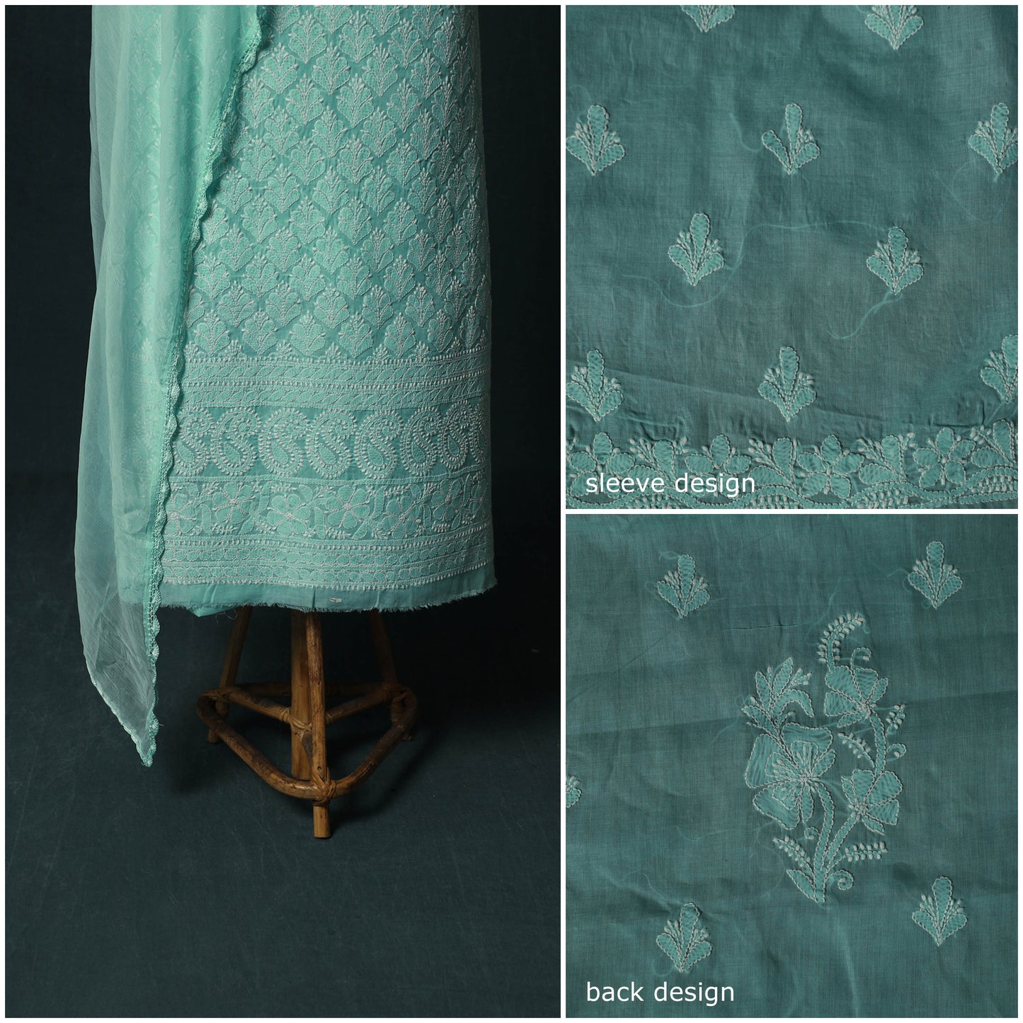 Blue - Lucknowi Chikankari Hand Embroidered Cotton 3pc Unstitched Dress Material Suit Set 10