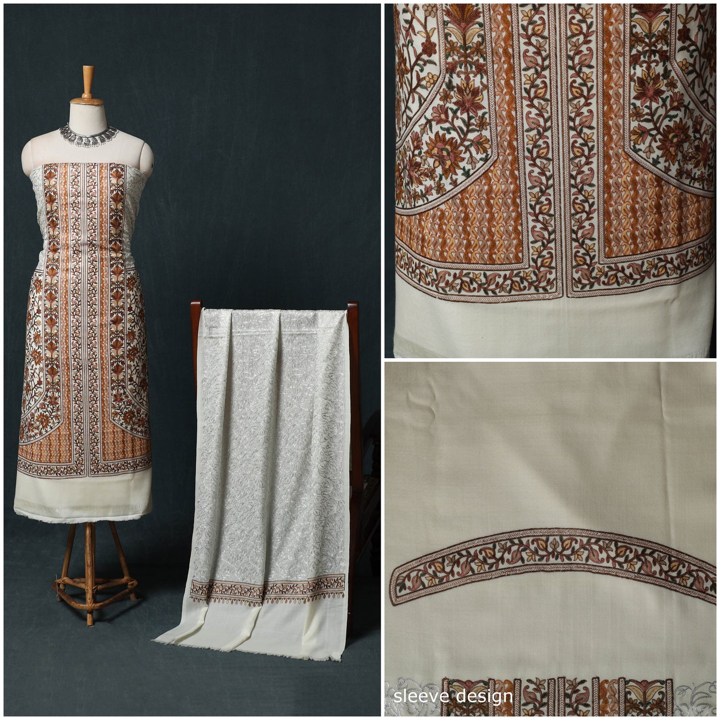 3pc Heavy Chain Stitch Embroidered Wool Unstitched Dress Material Suit Set 58