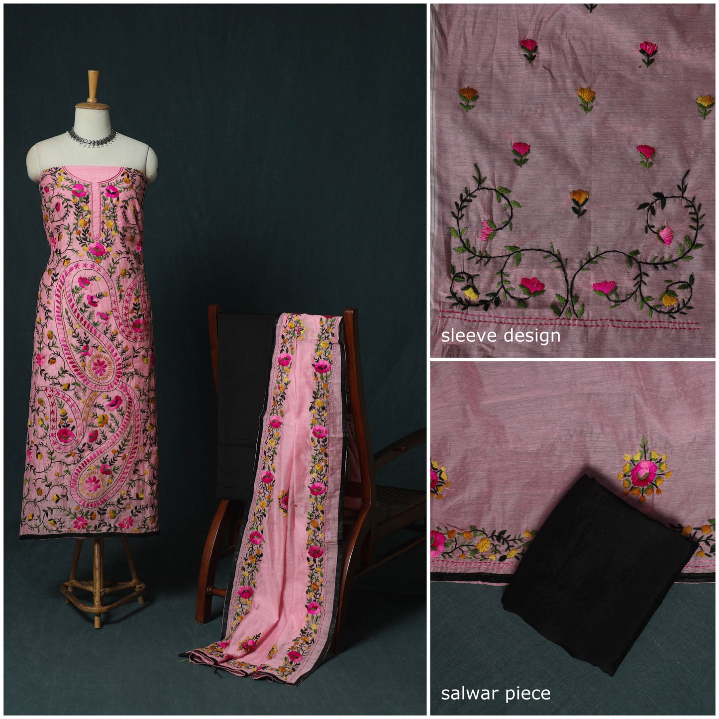 Pink - Hand Embroidered Chanderi Silk 3pc Unstitched Dress Material 41