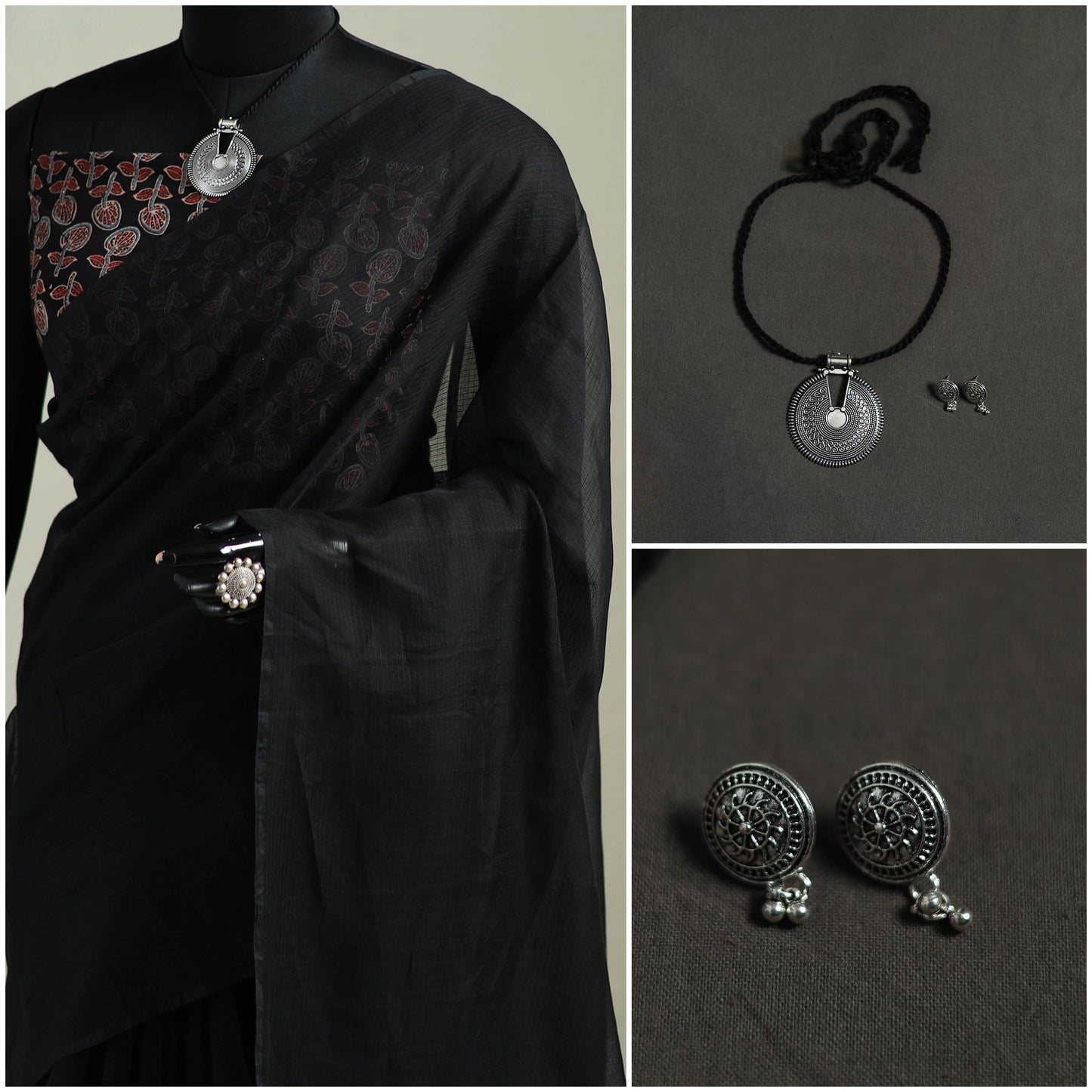 Black - Nazaakat Kota Doria Cotton Plain Saree with Blouse & Jewellery Set 11