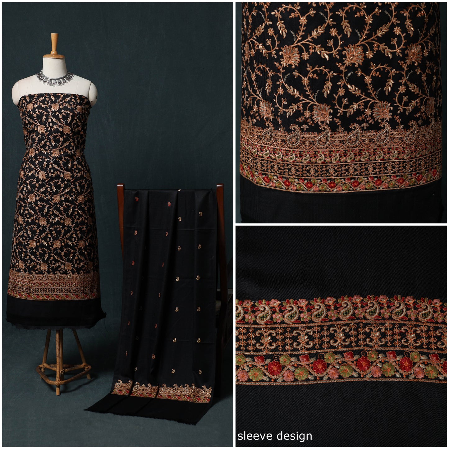 3pc Heavy Embroidered Wool Unstitched Dress Material Suit Set 14