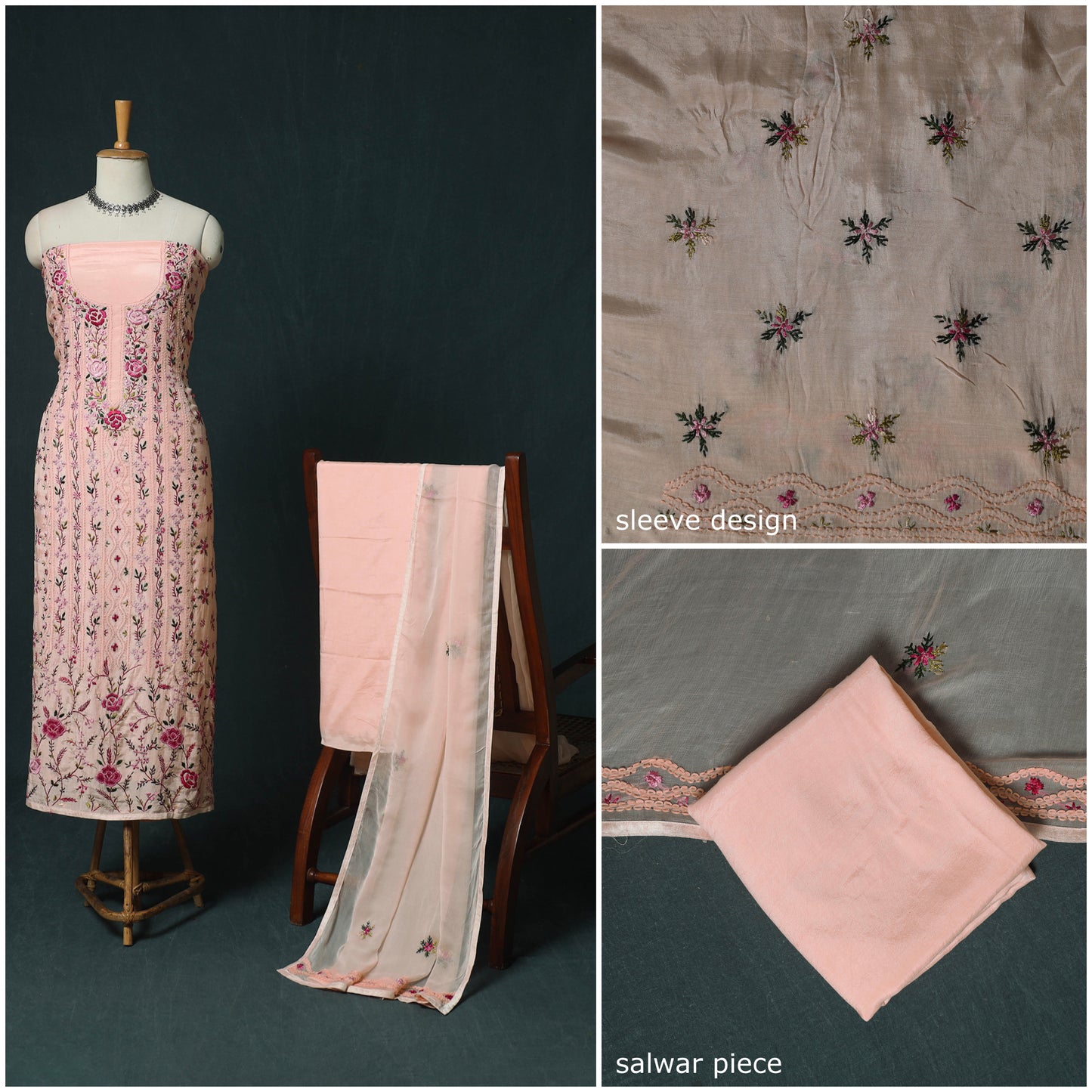 Pink - Hand Embroidered Muslin 3pc Unstitched Dress Material 08