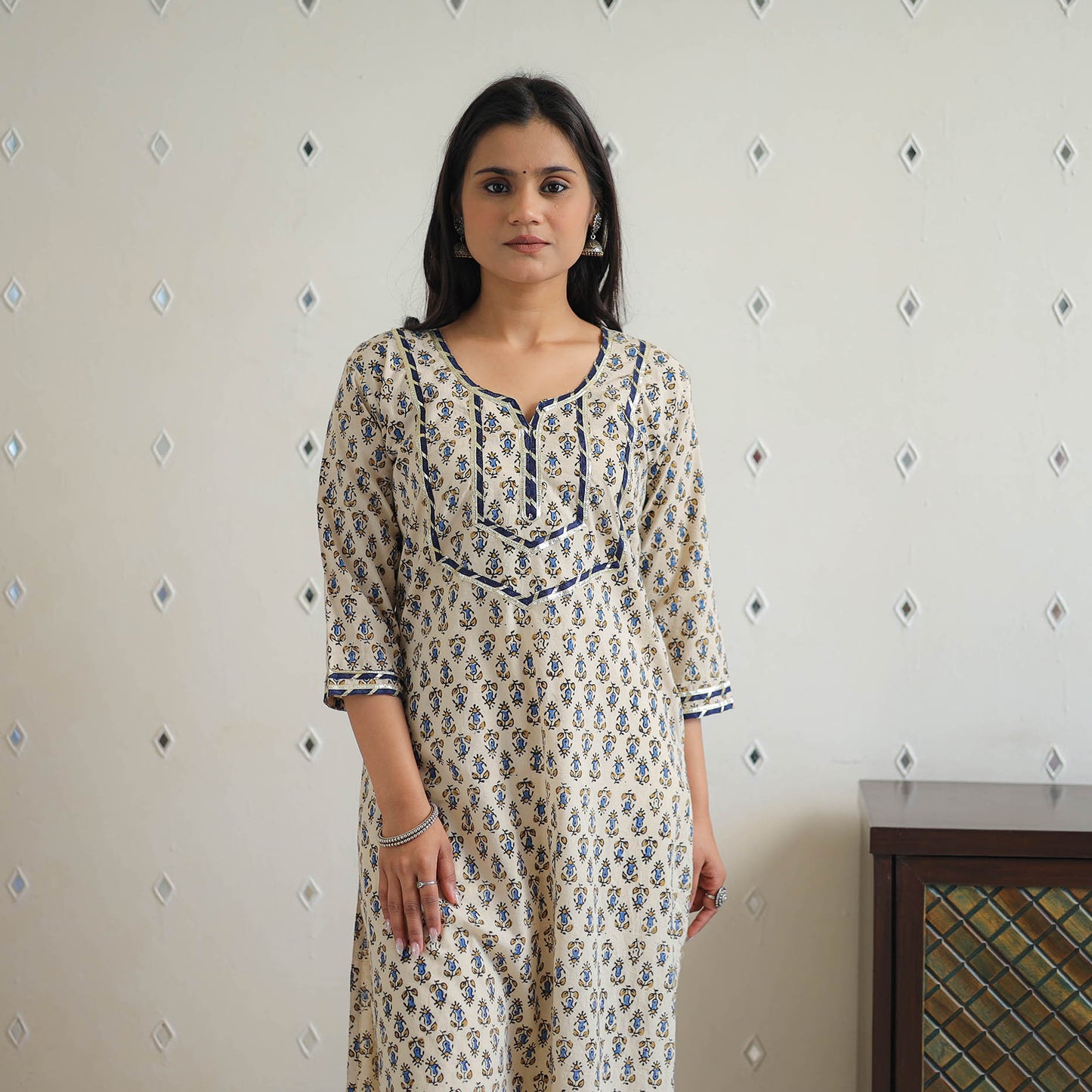 Beige Block Print Cotton Gota Work Long Ajrakh Kurta for Women