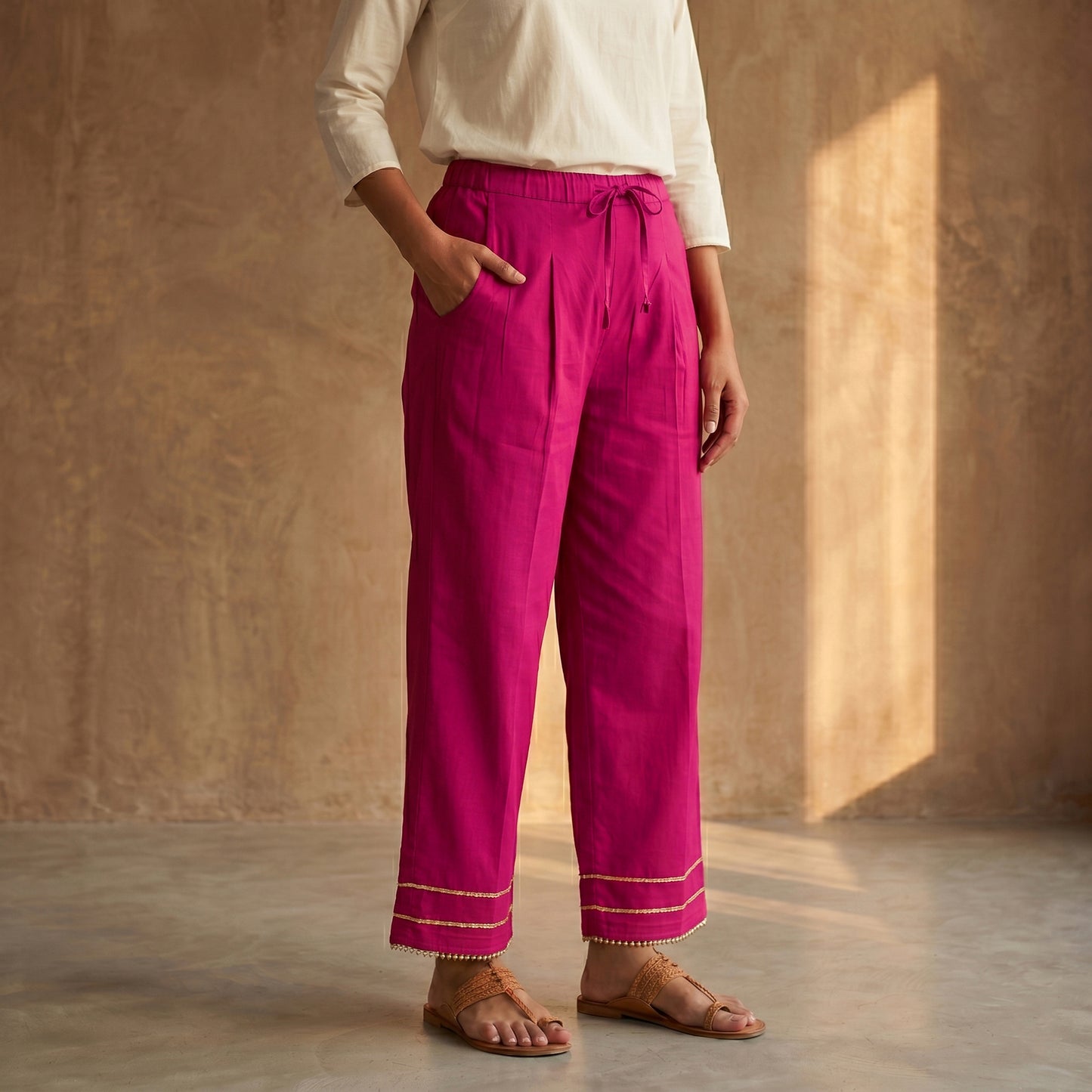 Pink - Gota Work Cotton Lycra Elasticated Plain Pant for Women 07