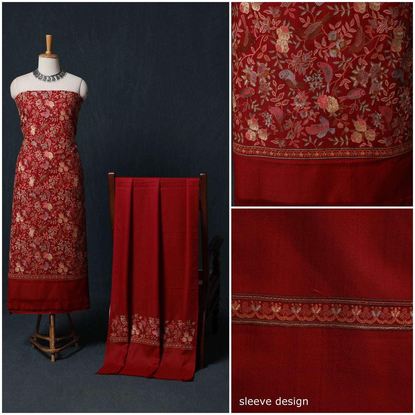 3pc Heavy Embroidered Wool Unstitched Dress Material Suit Set 54