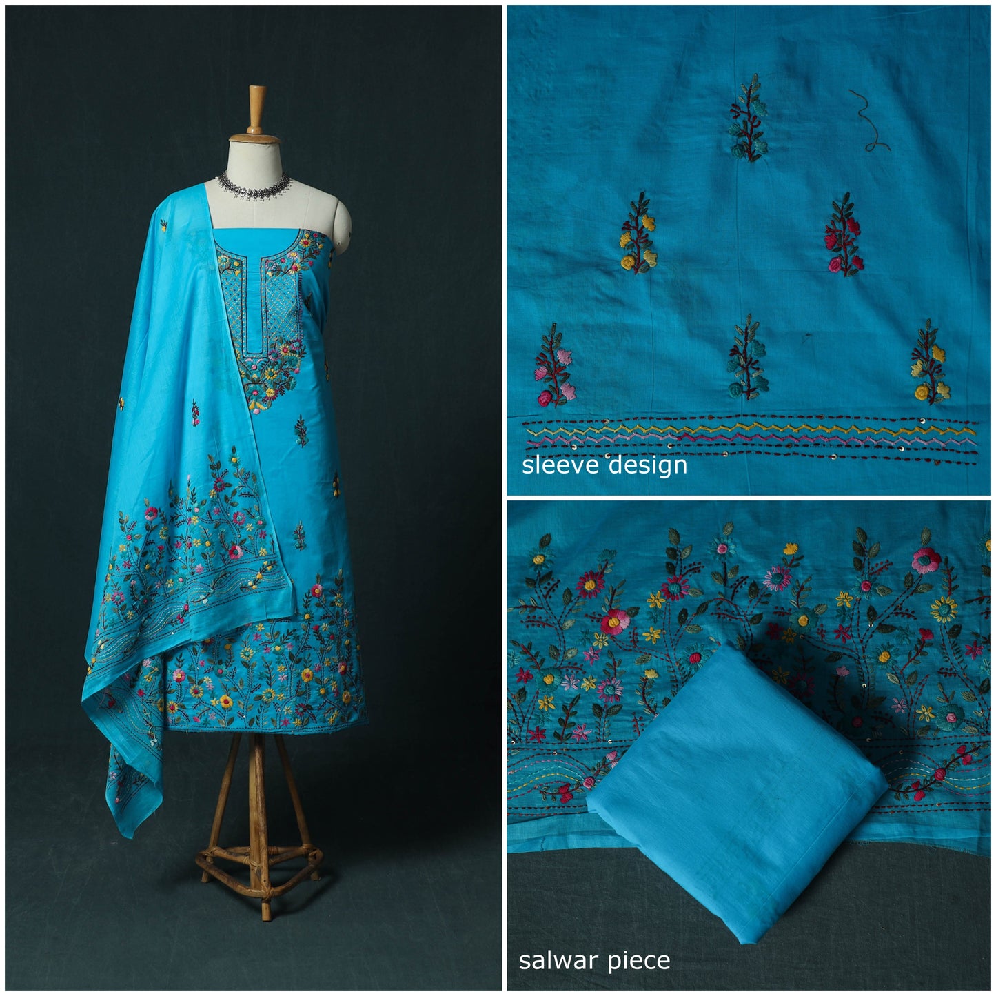 Blue - Hand Embroidered Cotton 3pc Unstitched Dress Material 44