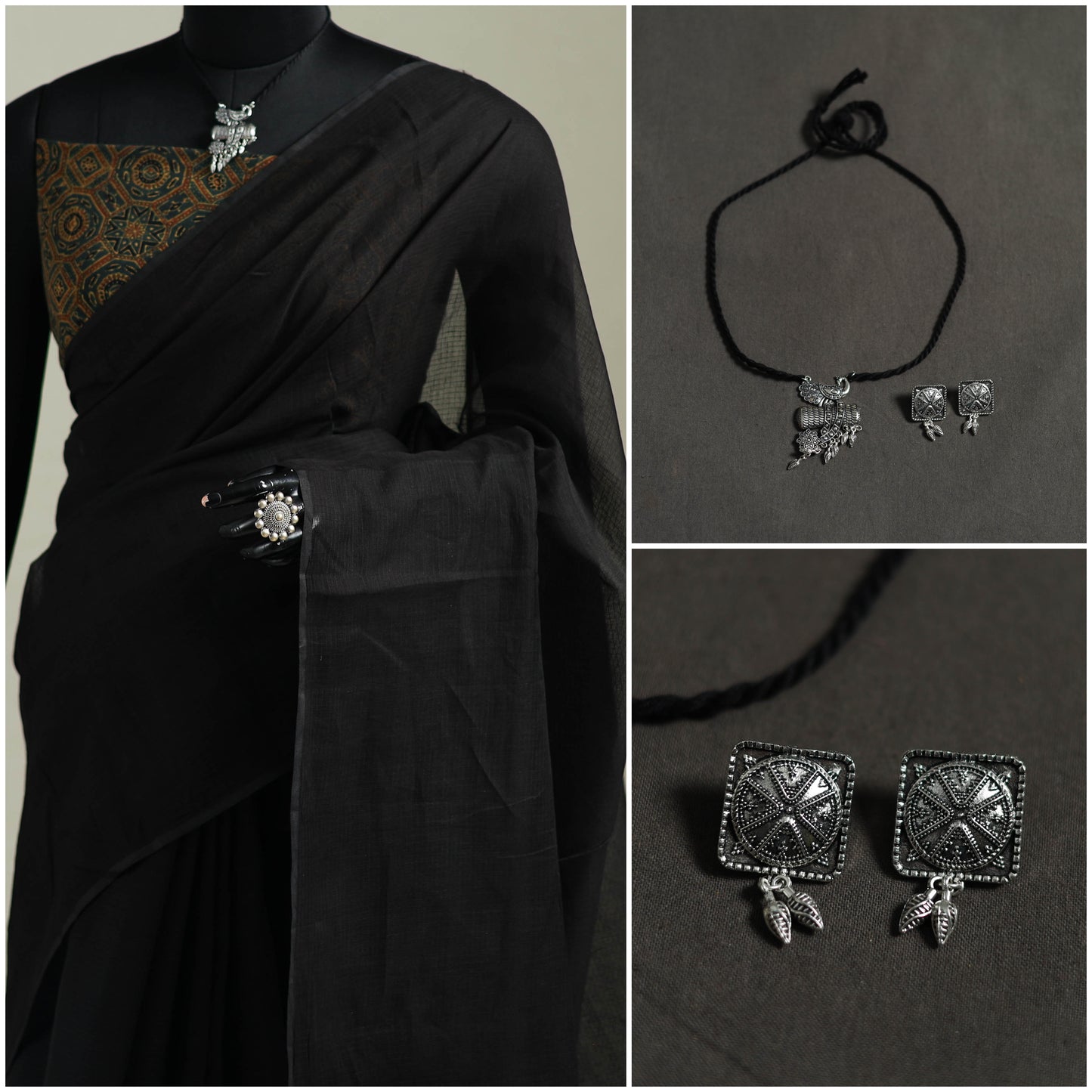 Black - Nazaakat Kota Doria Cotton Plain Saree with Blouse & Jewellery Set 41