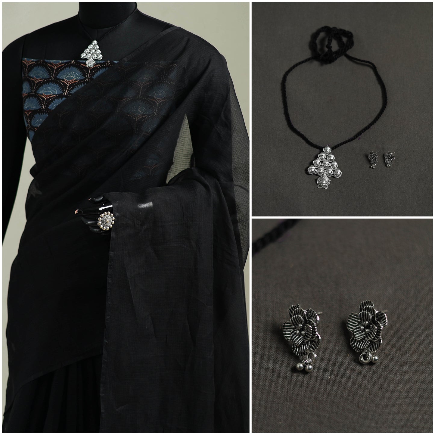 Black - Nazaakat Kota Doria Cotton Plain Saree with Blouse & Jewellery Set 13
