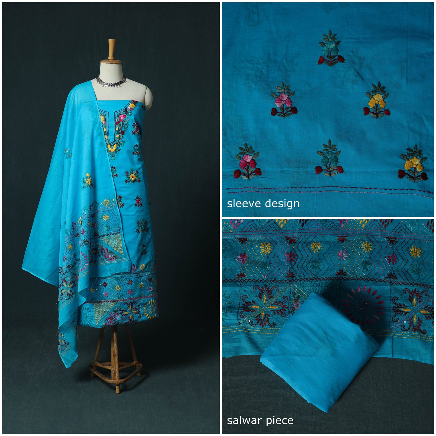 Blue - Hand Embroidered Cotton 3pc Unstitched Dress Material 43