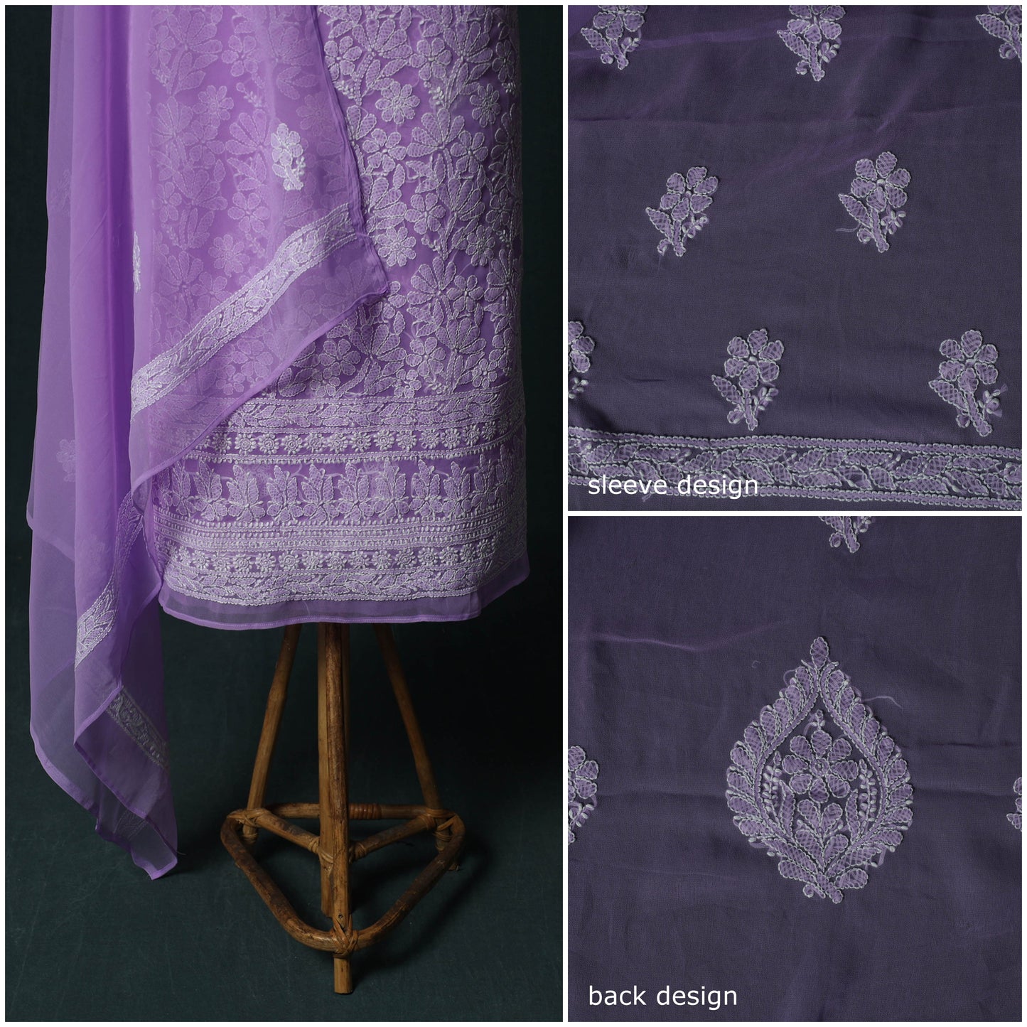 Purple - Lucknowi Chikankari Hand Embroidered Georgette 3pc Unstitched Dress Material Suit Set 14