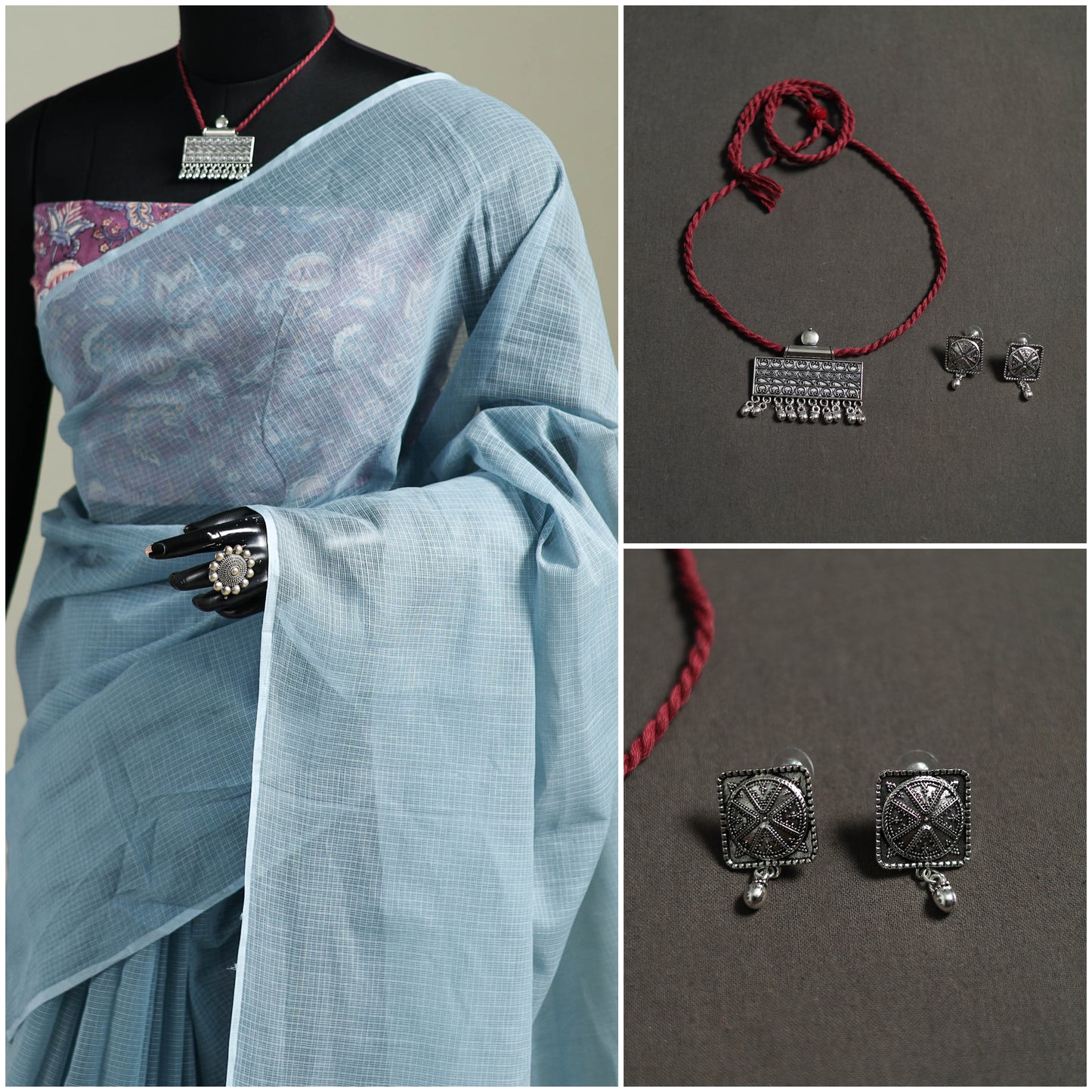 Blue - Nazaakat Kota Doria Cotton Plain Saree with Blouse & Jewellery Set 107