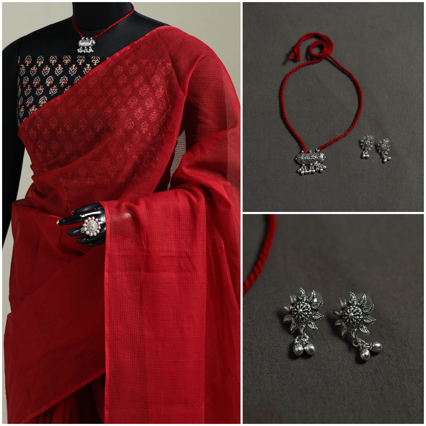 Red - Nazaakat Kota Doria Cotton Plain Saree with Blouse & Jewellery Set 176